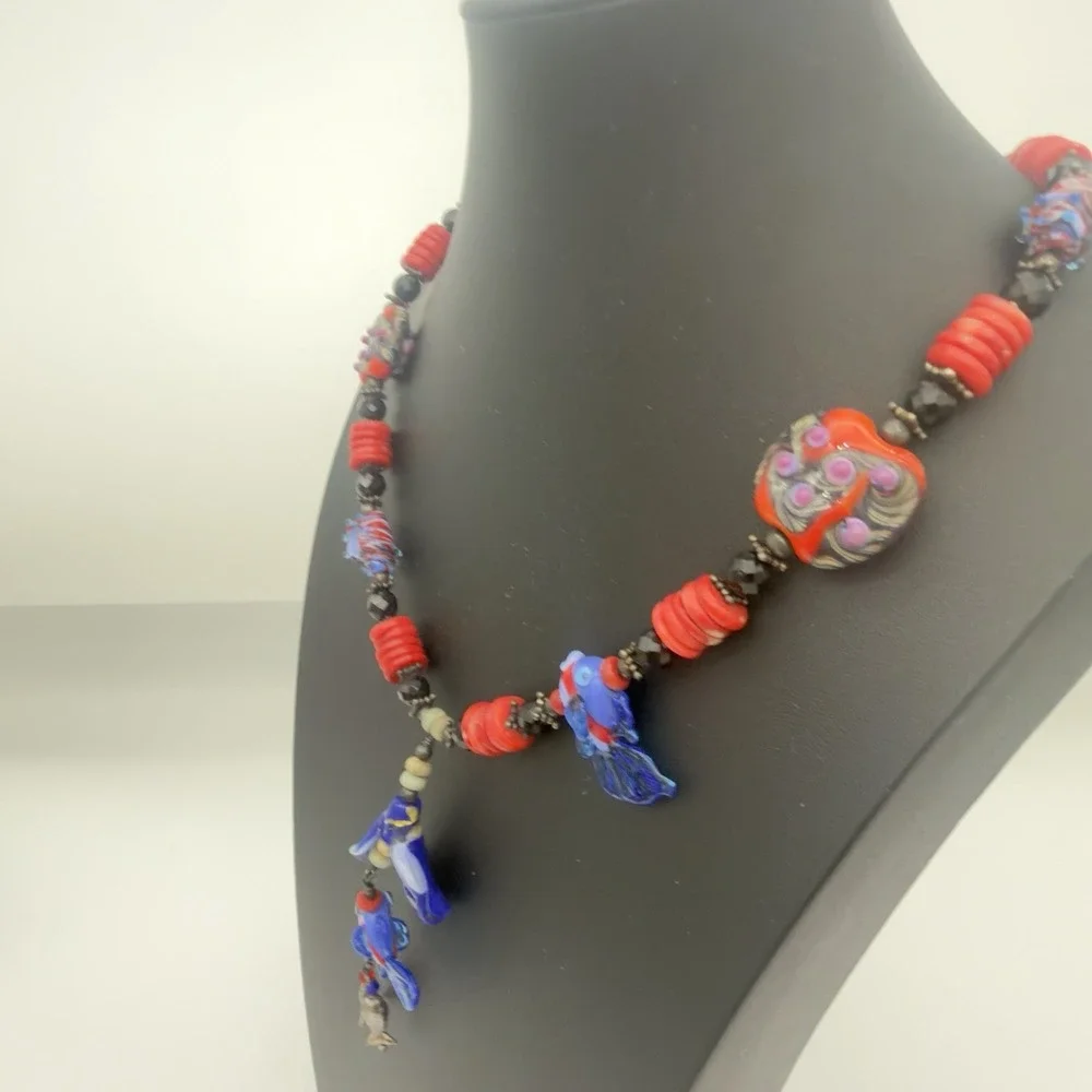 Vtg Sterling Silver Hand blow Glass Bead Necklace Fish Red Coral Y Drop Signed